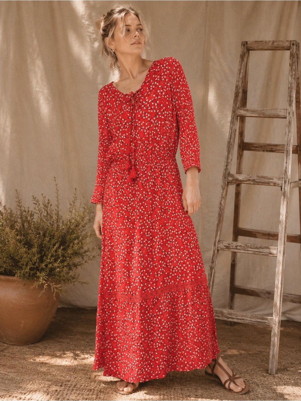 A.n.a Red Floral Boho Maxi Dress Size XXL